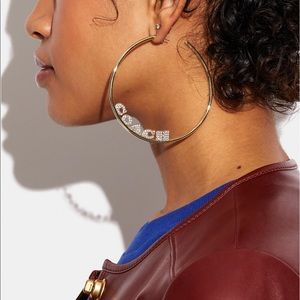 Coach Hoop Earrings Pave Signature Logo Large Rhinestones Sparkle 2 Tone Hoops
